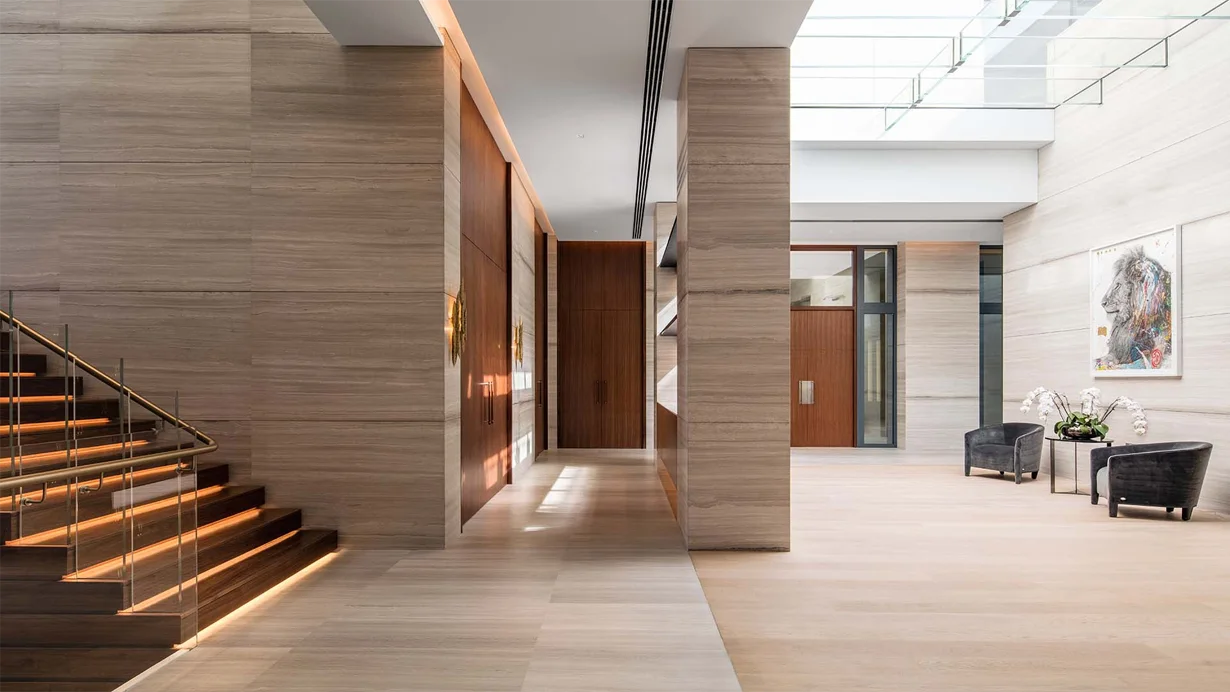 Top Interior Designers Favorite Wood and Marble Styles for 2025 3 Wooden White Marble Interior Projects | Dubai Hills Villa
