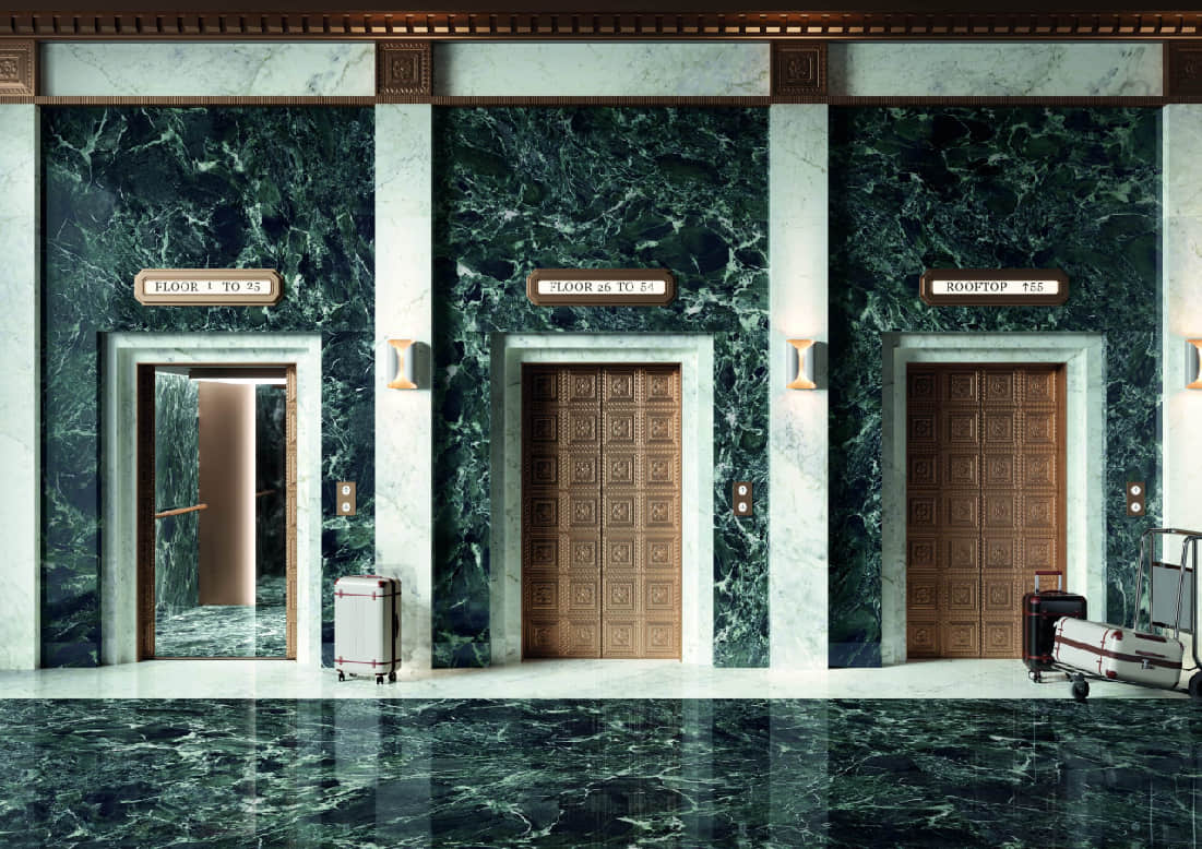 Italian Verde Alpi Green Marble Hallway in Hotels