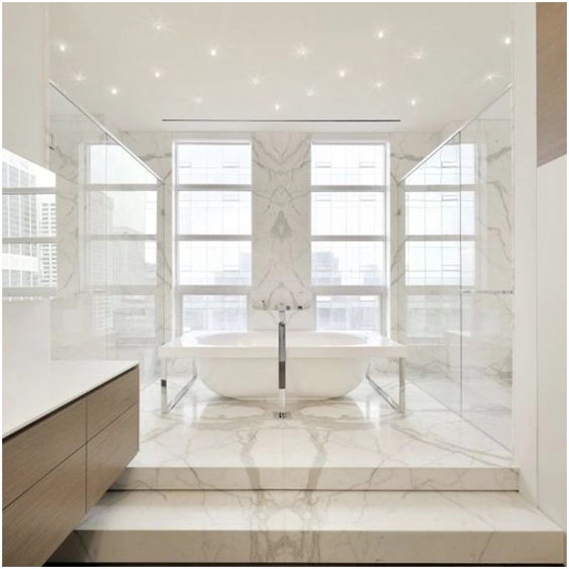 The Art of White Marble Bathroom Tiles Applications and Design 6 Calacatta White Marble Bookmatched Tiles For Bathroom Designs FOR U STONE