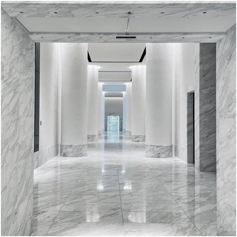 7 reasons to choose large slab marble tiles 4 White Volakas Marble Floor and Wall Tiles Hotel Hallway Projects FOR U STONE