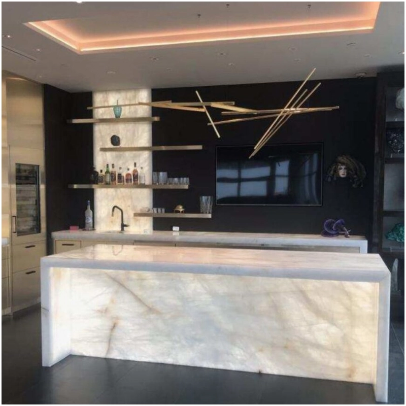 Elevate Luxury Design with Backlit Cristallo Quartzite 15 Backlit Cristallo Quartzite Countertops in USA Luxury Mansion Kitchen FOR U STONE